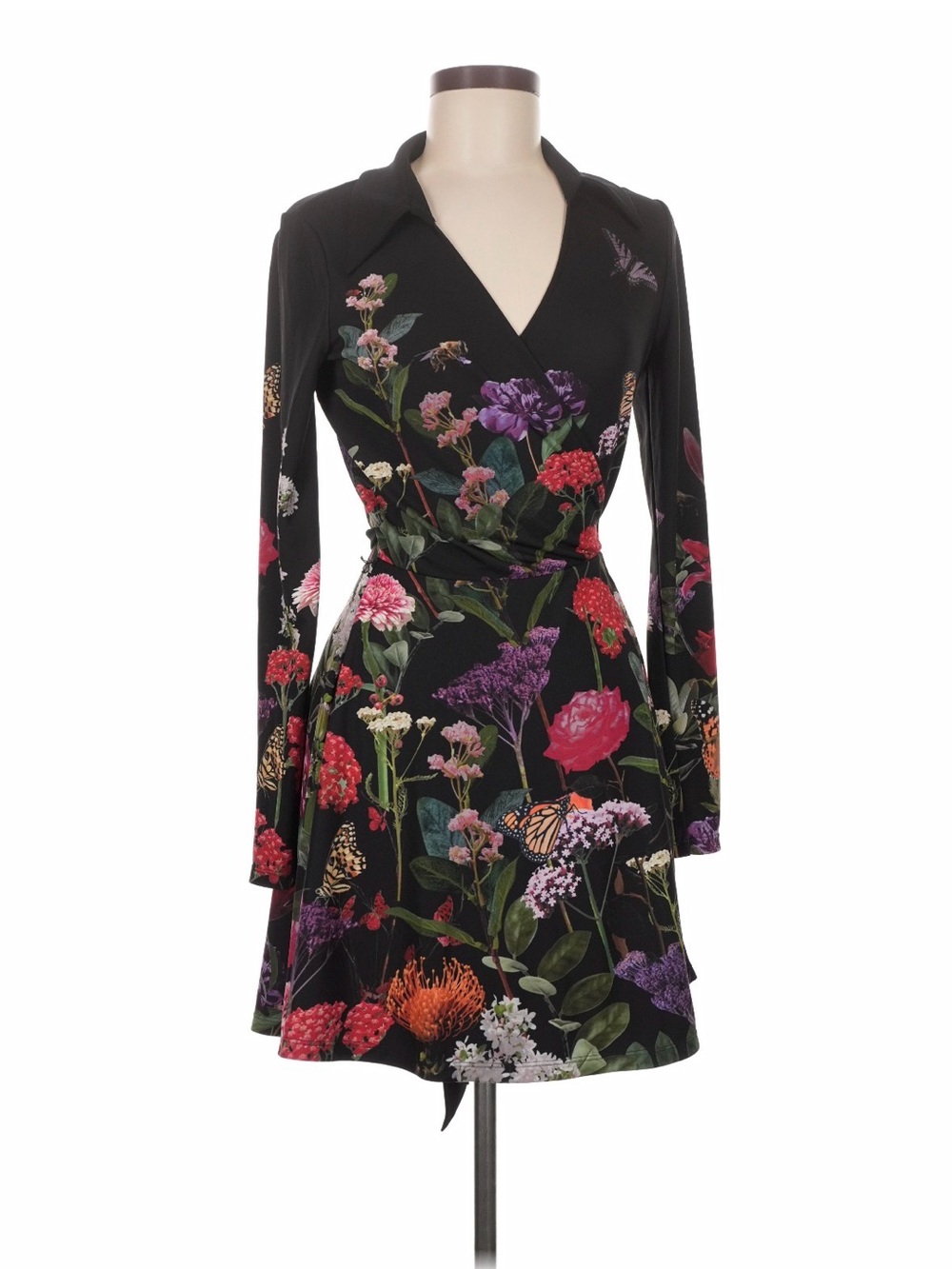 Alice + Olivia Black Floral Wrap Dress with Multicolor Bouquet